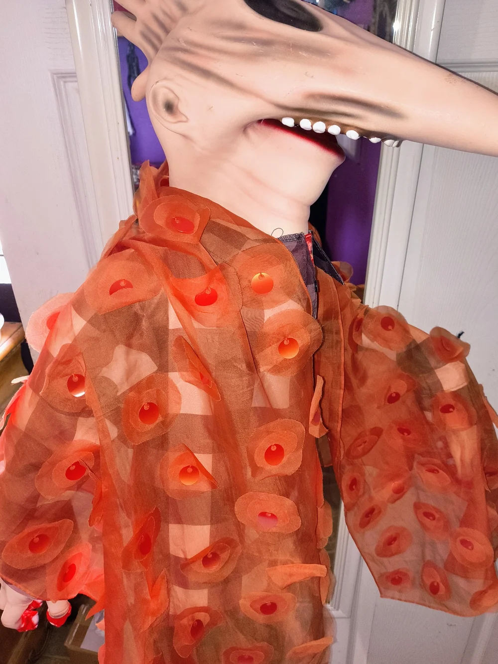 Amet & Ladoue Luxury Sheer Orange Embellished Scarf Wrap - Rare 3D Sequin Detail